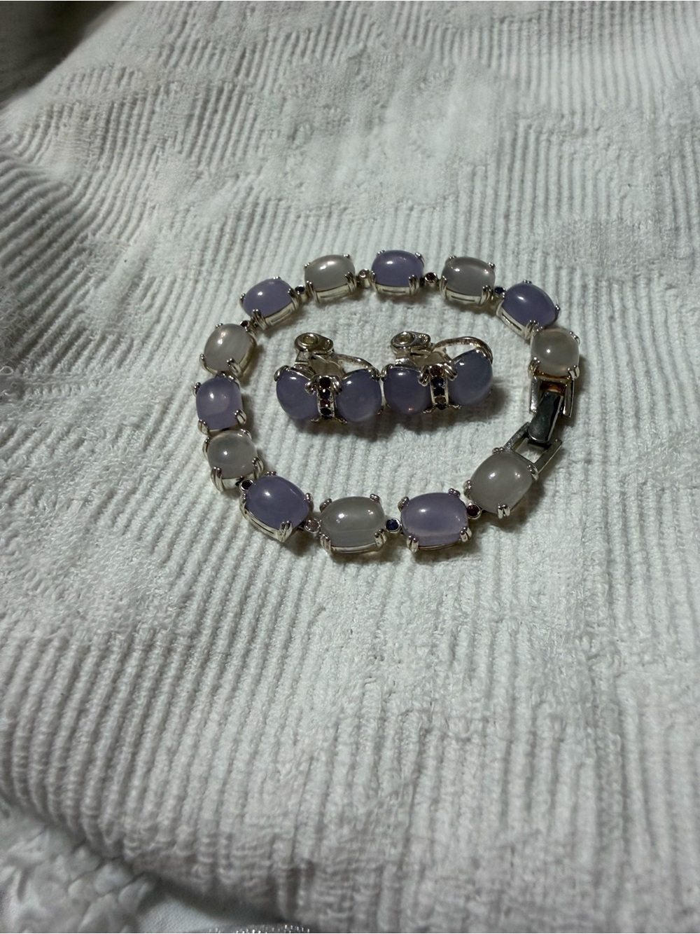 Monet Silver Lavender and White Cabochon Bracelet with Matching Clip On Earrings